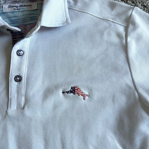 Tommy Bahama Men's Sz Small IslandZone Polo Shirt White American Flag Marlin - Picture 3 of 9
